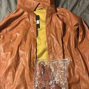 Woman’s Peanut butter/Tan faux Leather snap down blouse & tights